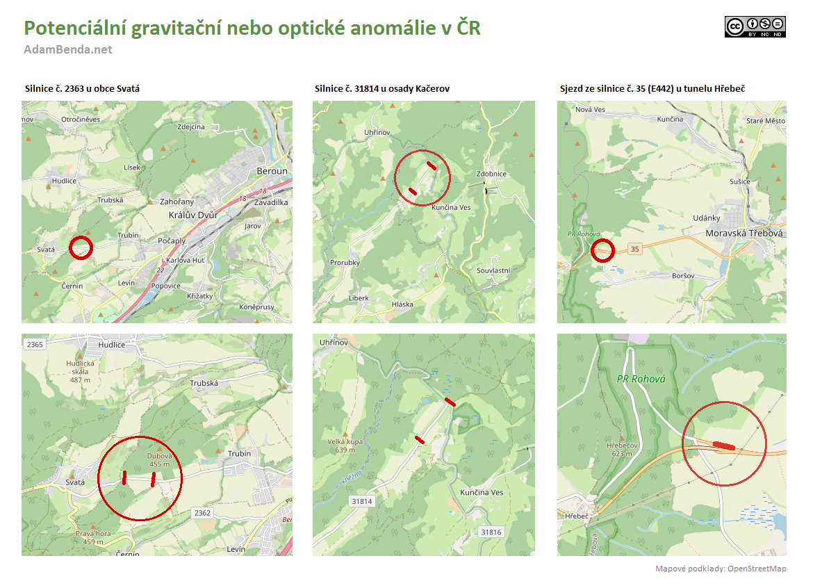 Gravitační nebo optické anomálie v ČR - Mapový přehled